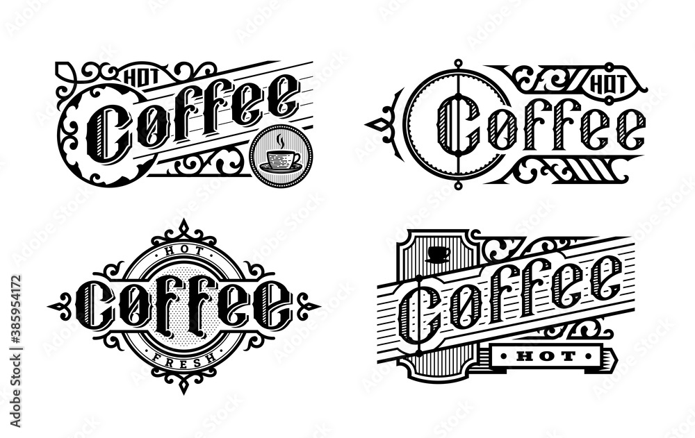 Obraz premium Hot coffee, vintage style. Set logo, emblem. Vector illustration.