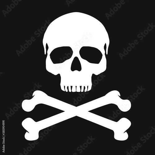 Vintage monochrome human skull with crossbones isolated on black background. Hand drawn design element template for emblem, print, cover, poster. Vector illustration.
