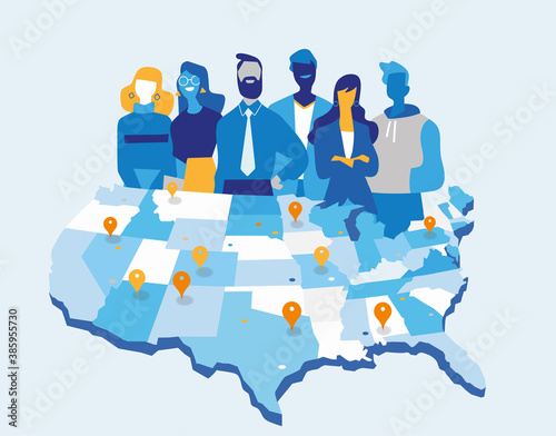 Squadra di uomini e donne d'affari davanti alla mappa deglil Stati uniti