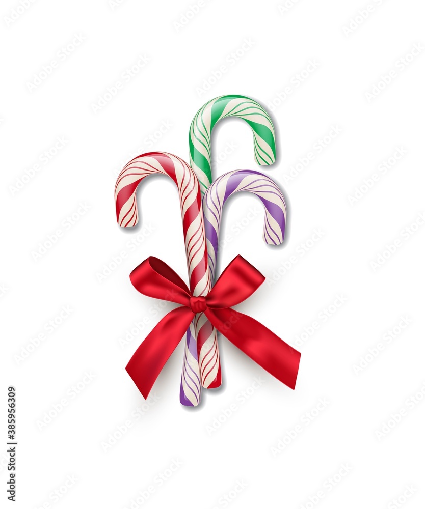 Three different color striped candy canes with red bow isolated on white background. Vector Christmas and New Year design element. Three different color striped candy canes with red bow isolated on white background. Vector Christmas and New Year design element.