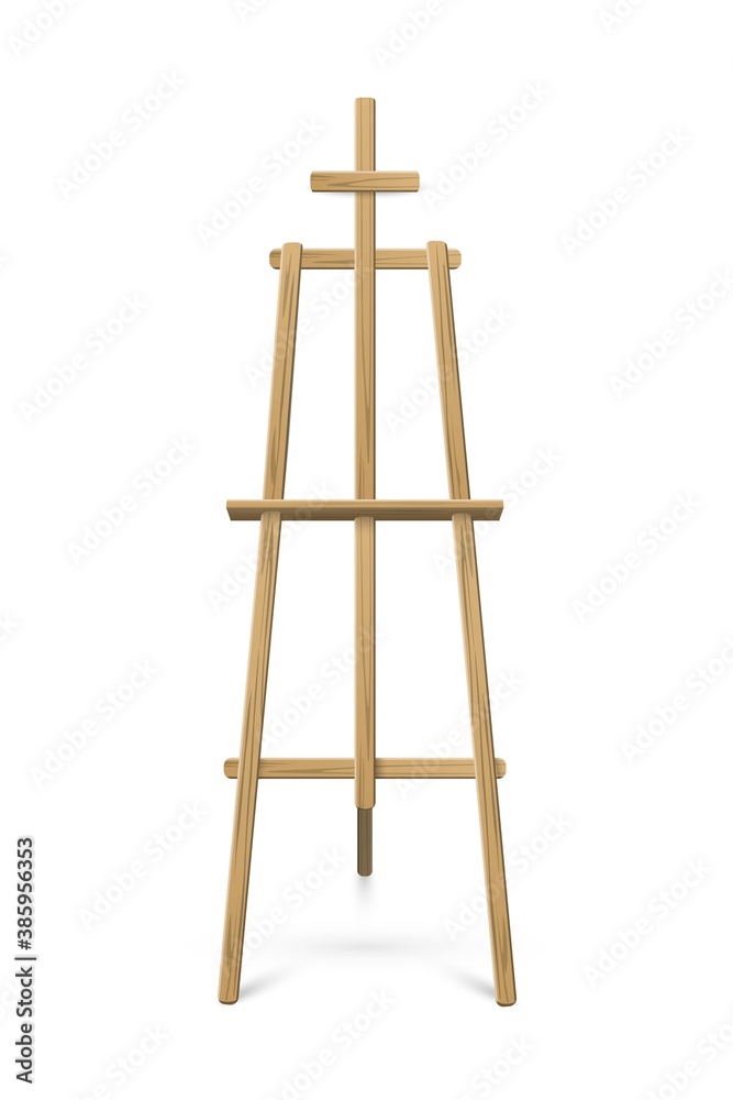 Easel standing on white background. Wooden tripod for art, painting, drawing or announcement vector illustration. Artistic studio equipment single object design, front view Easel standing on white background. Wooden tripod for art, painting, drawing or announcement vector illustration. Artistic studio equipment single object design, front view
