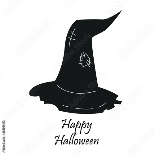 Old witch hat with Happy Halloween greeting text