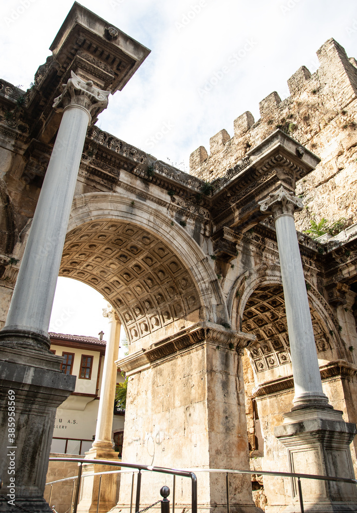 Hadrian`s Gate Uckapilar in old city of Antalya Kaleici, Turkey.