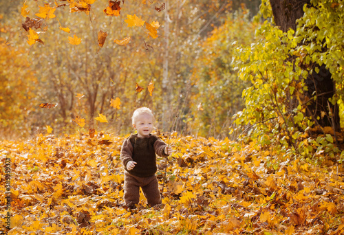 little happy child in autumn park