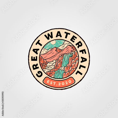 great waterfall mountain logo vector illustration design, outdoor emblem vector design