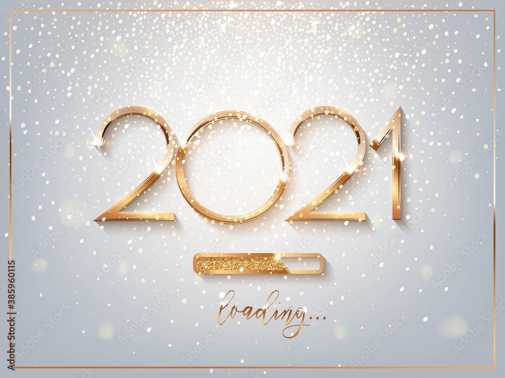 New Year golden loading bar vector illustration. 2021 Year progress with lettering. Party countdown, download screen. Invitation card, banner. Event, holiday expectation. Sparkling glitter background. - obrazy, fototapety, plakaty 