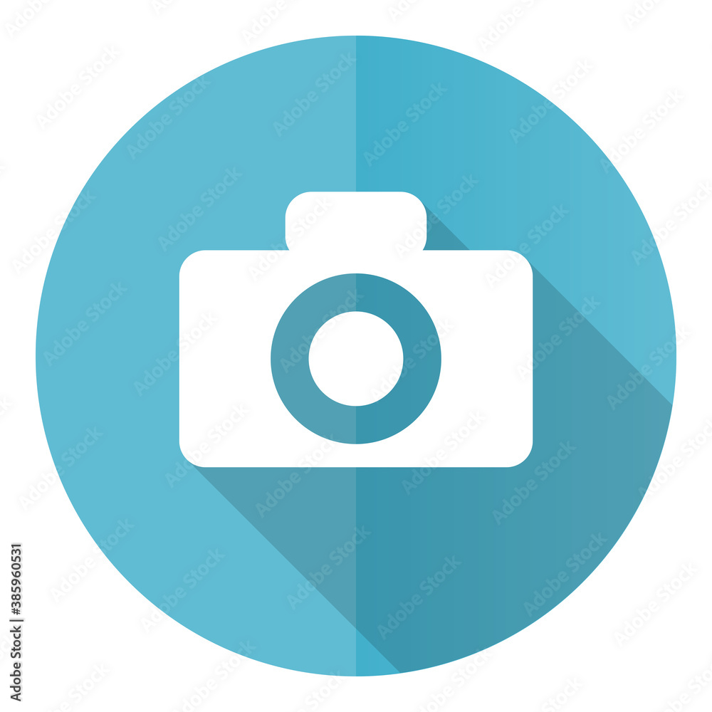 Camera vector icon, flat design blue round web button isolated on white background Camera vector icon, flat design blue round web button isolated on white background