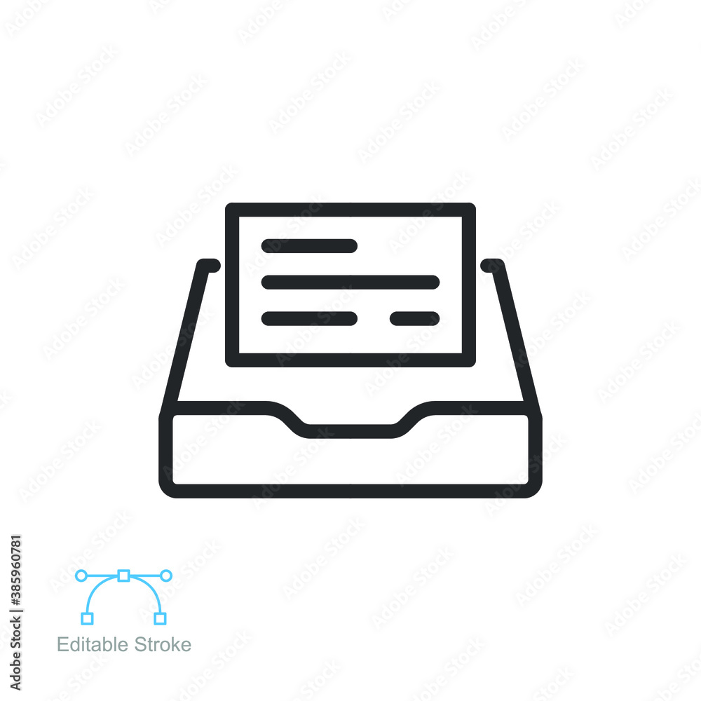 Documents drawer icon. Open new mail. Cabinet archive, file drawer, office storage, business document inbox, paper drawer. Line Editable stroke Vector illustration. Design on white background. EPS 10 Documents drawer icon. Open new mail. Cabinet archive, file drawer, office storage, business document inbox, paper drawer. Line Editable stroke Vector illustration. Design on white background. EPS 10