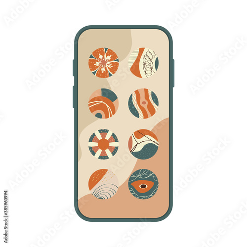 Vector collection of bohemian instagram story highlights covers icons. Set of boho instagram highlights covers on smartphone screen. Abstract round icons for social media stories