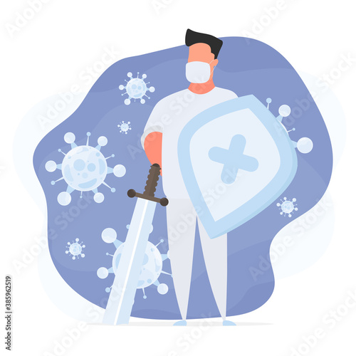 Doctor with shield and sword surrounds the virus. Doctor in a medical mask. Virus molecule. Vector.