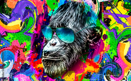 Photography Colorful artistic monkey in eyeglasses with colorful paint splatters on white ba