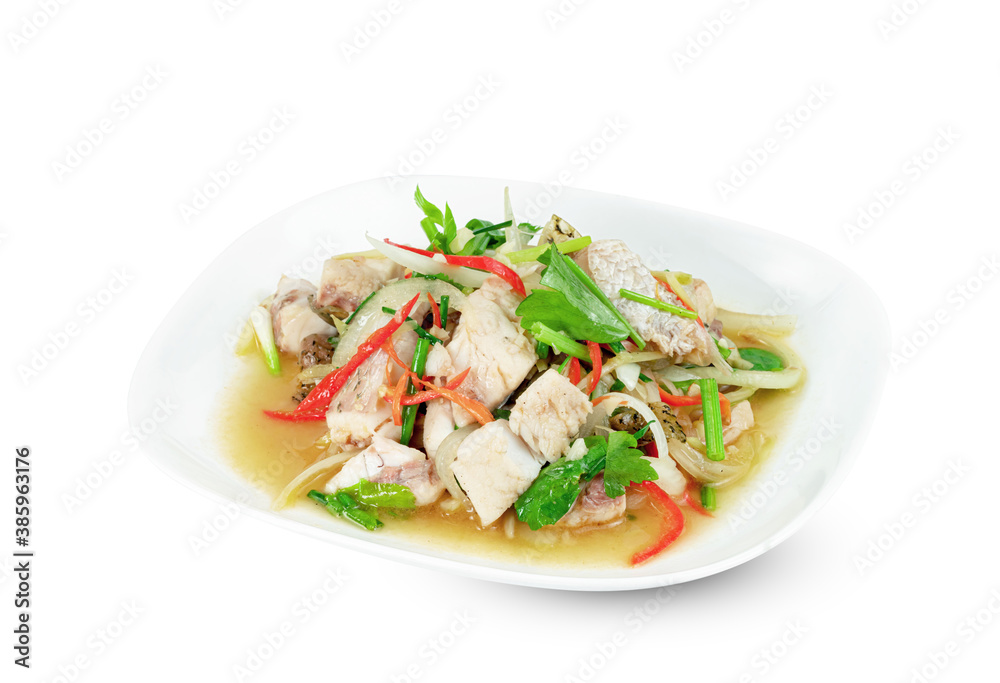 fried stir celery with seabass fish isolated on white background ,include clipping path fried stir celery with seabass fish isolated on white background ,include clipping path