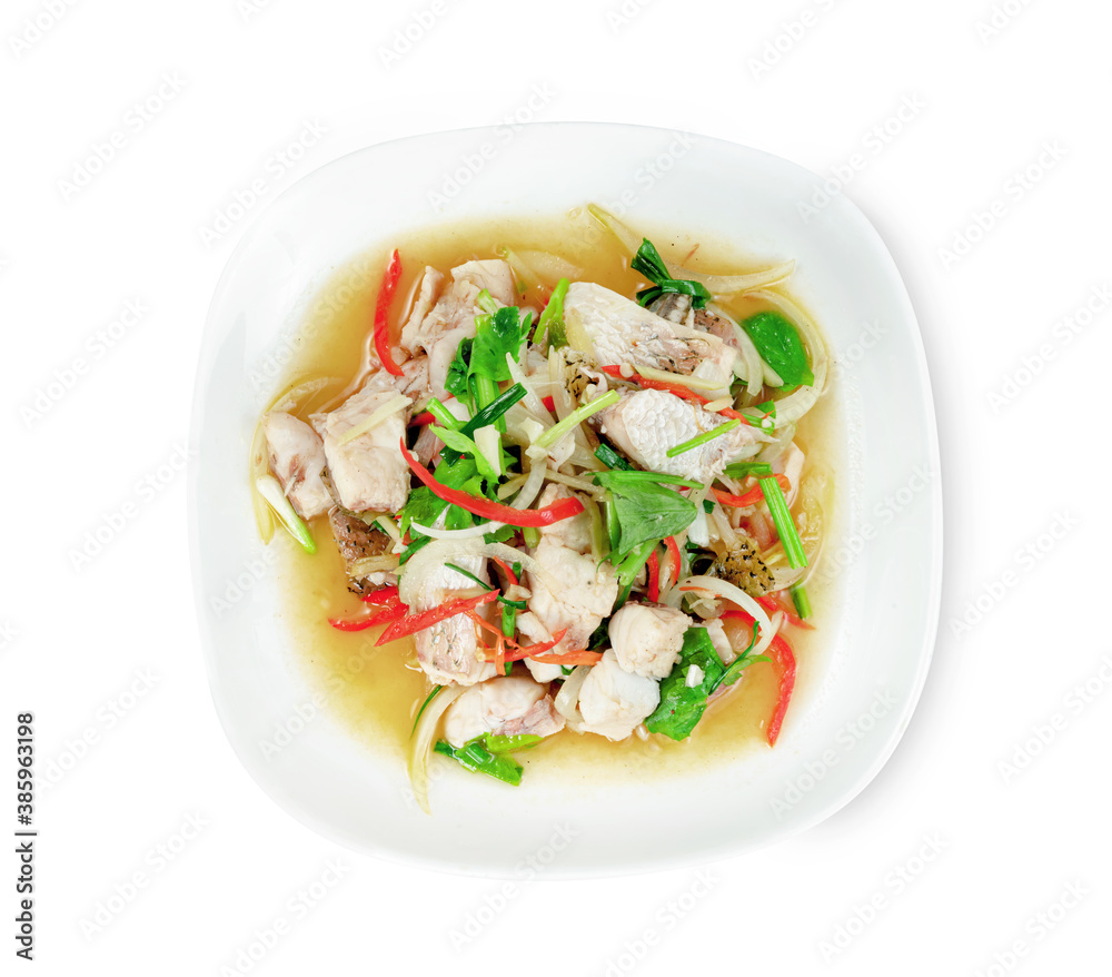 fried stir celery with seabass fish isolated on white background ,include clipping path fried stir celery with seabass fish isolated on white background ,include clipping path
