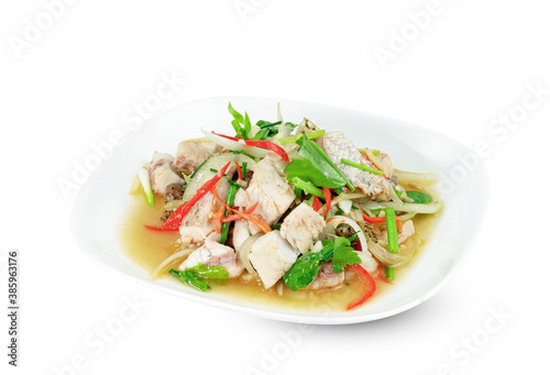 fried stir celery with seabass fish isolated on white background ,include clipping path