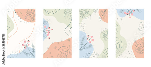 Set of editable social media stories template. Abstract creative backgrounds with floral and geometric elements. Suitable for social media stories, posts, mobile apps, banners