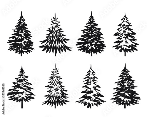 A set of Black Spruce Trees. Winter season design elements and simply pictogram. Isolated vector xmas Icons and Illustration.