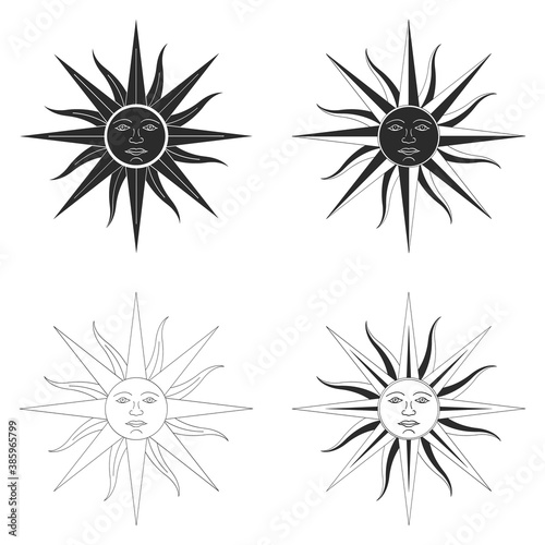 vector monochrome icon set with Sun of May ancient symbol of Incan sun god Inti