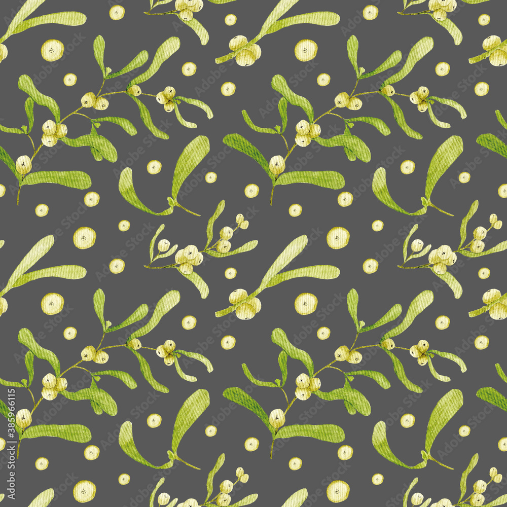 Fototapeta premium Christmas watercolor pattern with mistletoe and white berries of plants on grey background Design for wrapping paper, packages, wrappers and textiles.