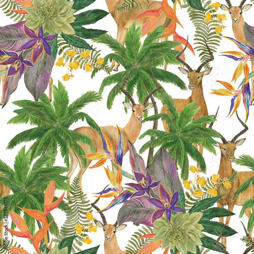 Watercolor painting seamless pattern with tropical flowers, palm trees and gazelle