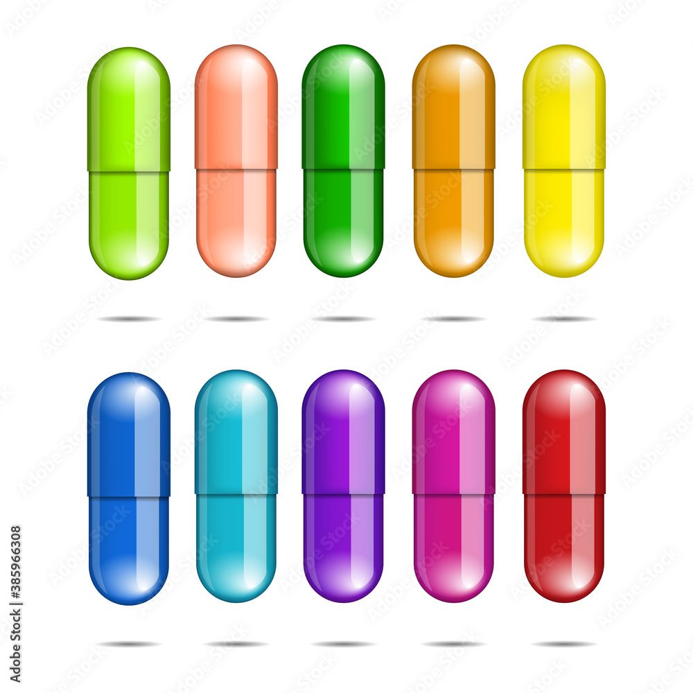 Collection of multicolored medicine pills isolated on white background. Collection of multicolored medicine pills isolated on white background.