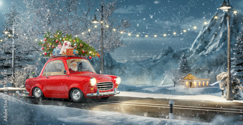 Santa claus in Cute little retro car with decorated christmas tree on top goes by wonderful countryside road.