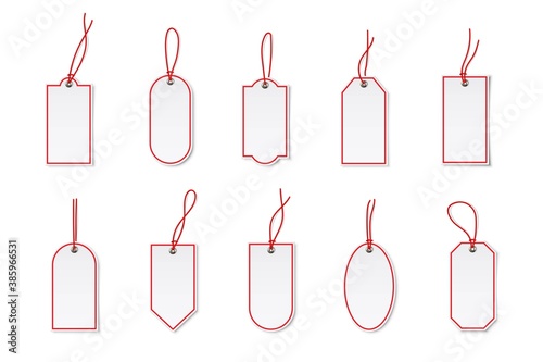 Price or label tags mockup template set. Blank cards with red strings for gifts or sales with different shapes: ellipse, rectangle. Empty stickers with red frames vector illustration
