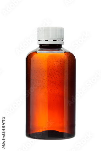 brown transparent bottle with white cap filled with liquid, label glass bottle with medical health care product isolated object on white background.