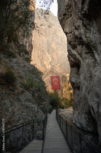 Scenic Sakliket canyon with turkish flag