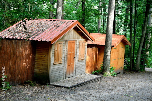 View of several abandoned shacks or huts made entirely out of planks, logs, and boards and with angled roofs located in the middle of a dense forest or moor next to a dirt path seen in Poland