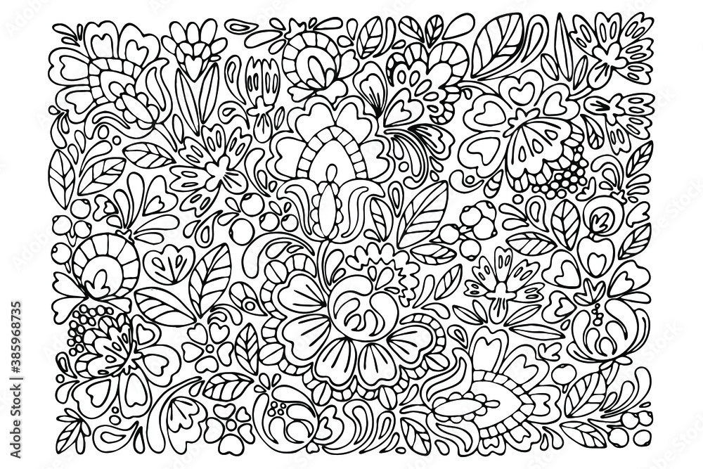 Fototapeta premium coloring book antistress, for adults, for children, black and white ornament of flowers and berries, hand-drawn paisley, ethnic motives. Vector illustration