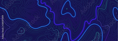 Topography relief contouring line. Geographic outlines, elevation map or ocean floor surface with cross signs. Modern landscape liquid gradient, radar readings. Vector cartography texture illustration