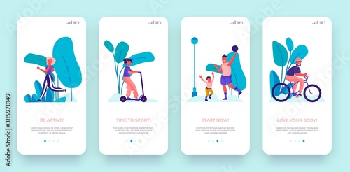 Sport onboard screen. Cartoon training concept for mobile app page. Trendy mobile application UI with cartoon characters workout activity. Vector people run, ride scooter, bike, play active games