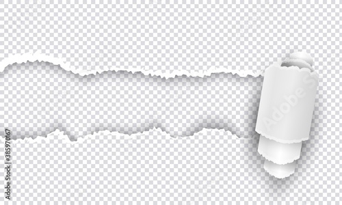 Paper cut tear effect. Realistic hole roll page, 3D transparent template, grunge style break. Deformed cardboard, advertising or sale discount label mockup. Vector illustration with copy space
