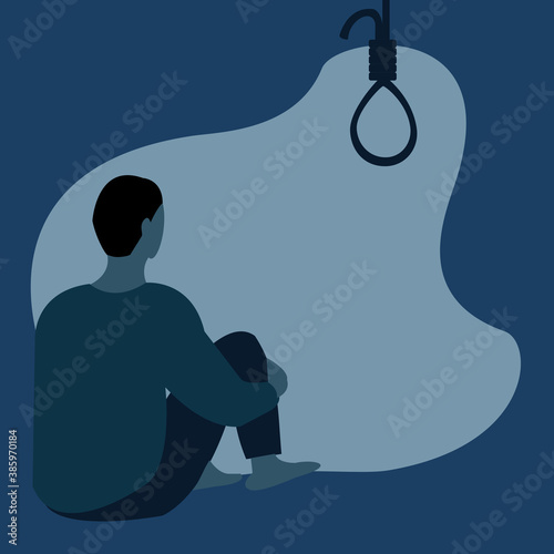 Vector isolate flat design of back side of Young miserable depressed man sitting on his knees on the ground in a dark tunnel , thinking and looking halter , feeling sad, lonely, blue and stress.