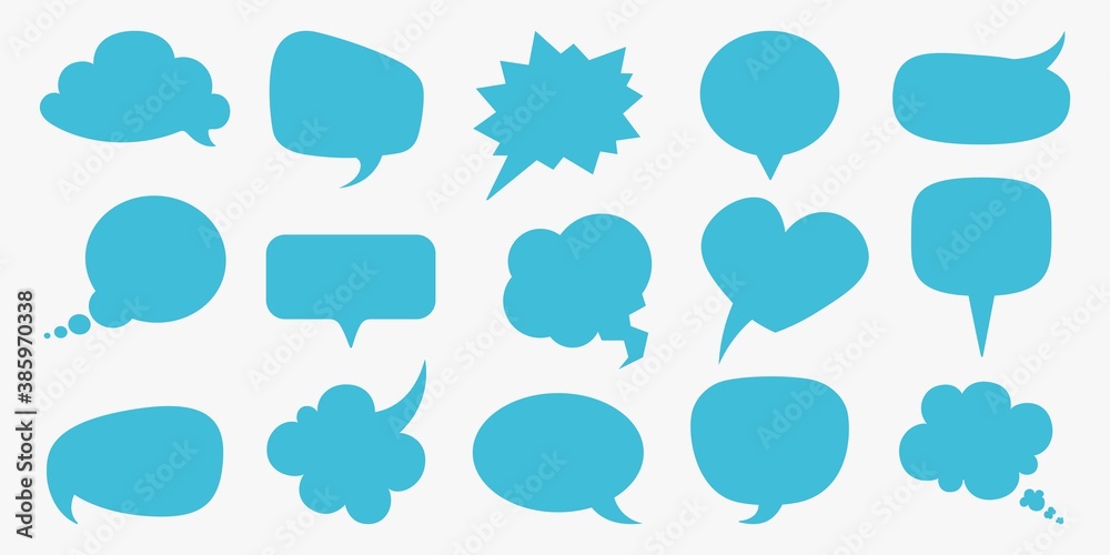 Speech bubbles. Blue blank comment balloons set, thought empty text bubble symbol, comic think cloud different forms template round square heart shape, vector cartoon isolated on white collection Speech bubbles. Blue blank comment balloons set, thought empty text bubble symbol, comic think cloud different forms template round square heart shape, vector cartoon isolated on white collection