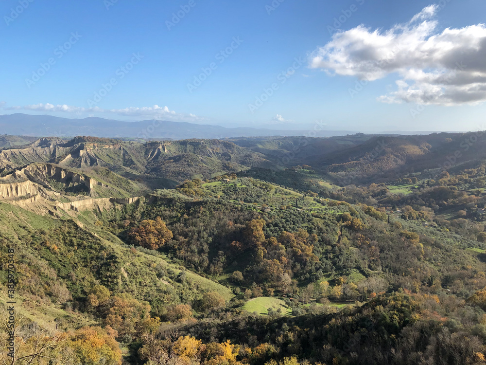 Bagnoregio, Lazio, Italy (Civita di Bagnoregio). Panoramic views from the hilltop village on surrounding mountains and valleys.  