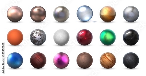 Texture spheres. Realistic 3D balls of different material. Collection matte and shiny round forms from steel, plastic. Branding, company identity template, vector colorful geometric shapes set photo
