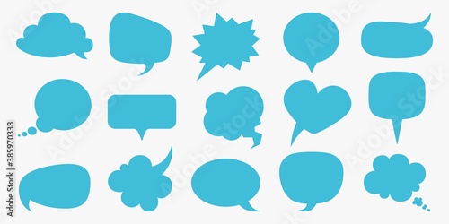 Speech bubbles. Blue blank comment balloons set, thought empty text bubble symbol, comic think cloud different forms template round square heart shape, vector cartoon isolated on white collection photo