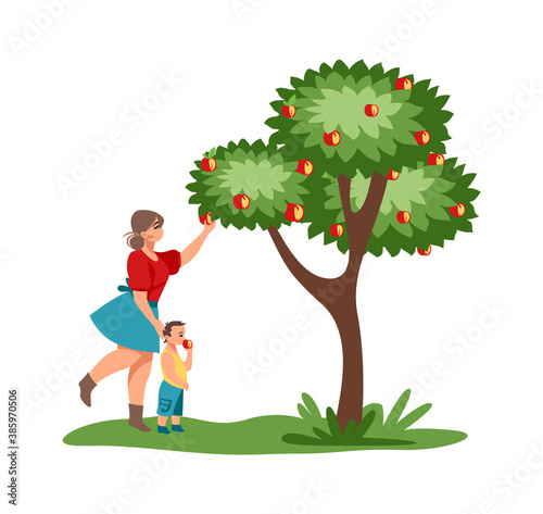 Harvesting. Mother and child pick red apples in garden. Cartoon female with kid walking in park. Cute woman gathering juicy fruits from tree, autumn rustic orchard. Vector people illustration