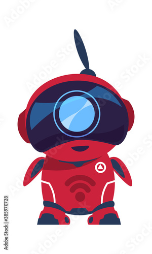 Friendly robot character. Red android with antenna. Smart toy, cartoon electronic mascot. Digital assistant template for website support. Technology innovation event advertising vector illustration