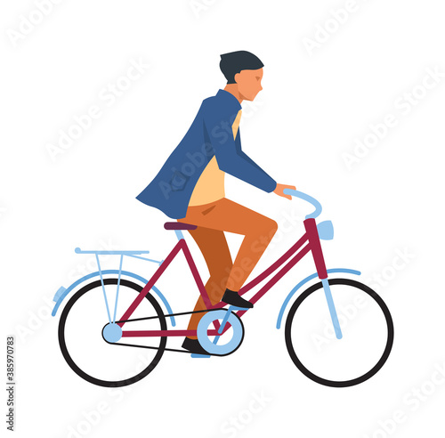 Man riding on bicycle. Cyclist guy in casual clothes rides on bike. Simple young character healthy leisure lifestyle, teenager outdoor activities in park, flat vector cartoon isolated illustration