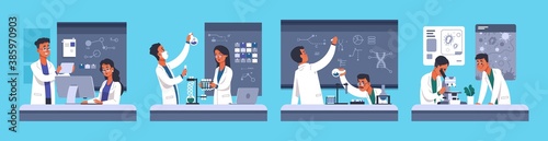 Scientists. Cartoon lab workers in white coats, chemical medical researchers. Biotechnology and microbiology experiment. People work in modern laboratory with professional equipment, vector concept