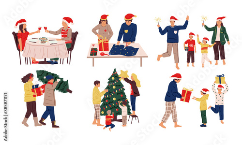 Christmas celebration scenes. Cartoon family and friends prepare gifts and presents, decorate tree for Xmas and New Year party. Cute kids and adults celebrate winter holidays, vector December set