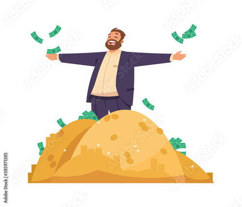 Millionaire or banker. Cartoon man scatters banknotes, rich male among piles of gold. Business success or casino lottery winning, profitable investment advertising. Vector happy gentleman with money