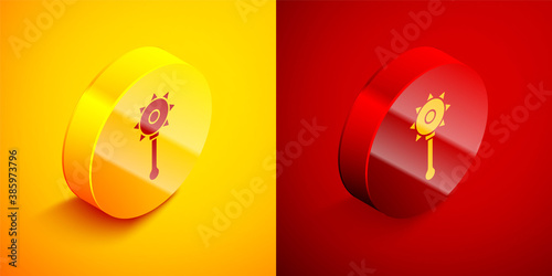 Isometric Medieval chained mace ball icon isolated on orange and red background. Medieval weapon. Circle button. Vector.
