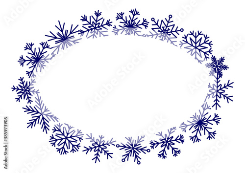 Oval frame with blue snowflakes on a white - natural background for Christmas and New Year winter design