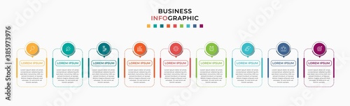 Vector Infographic design template with icons and 9 nine options or steps. Can be used for process diagram, presentations, workflow layout, banner, flow chart, info graph.