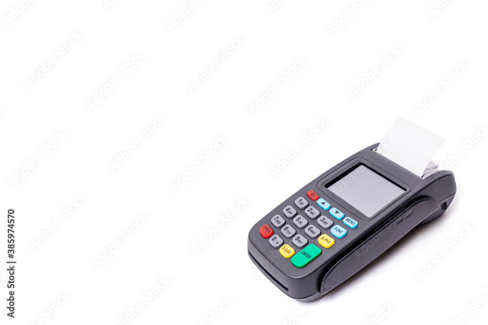 Pos terminal on light background. Banking equipment. Acquiring. Acceptance of bank credit cards. Contactless payment. Long horizontal banner... Pos terminal on light background. Banking equipment. Acquiring. Acceptance of bank credit cards. Contactless payment. Long horizontal banner...