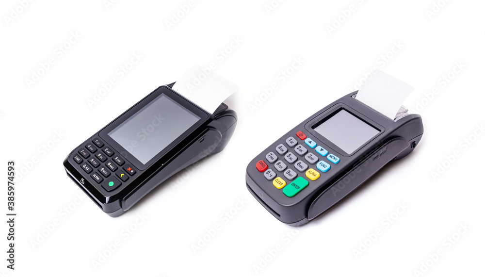 Pos terminal on light background. Banking equipment. Acquiring. Acceptance of bank credit cards. Contactless payment. Long horizontal banner... Pos terminal on light background. Banking equipment. Acquiring. Acceptance of bank credit cards. Contactless payment. Long horizontal banner...