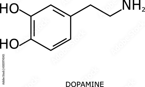 dopamine molecular structure on black, over a white background and with its name labeled